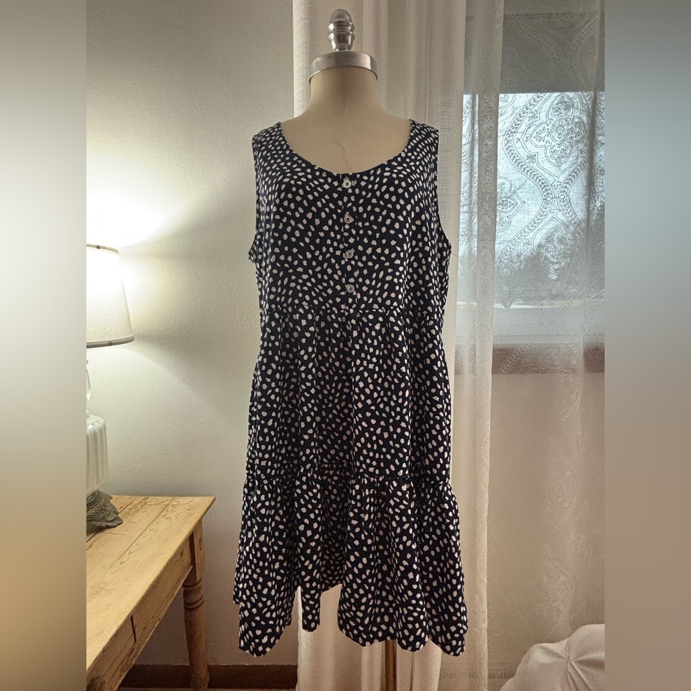 Umgee Navy and White Polka Dot Tiered Sleeveless Dress, L, EUC
